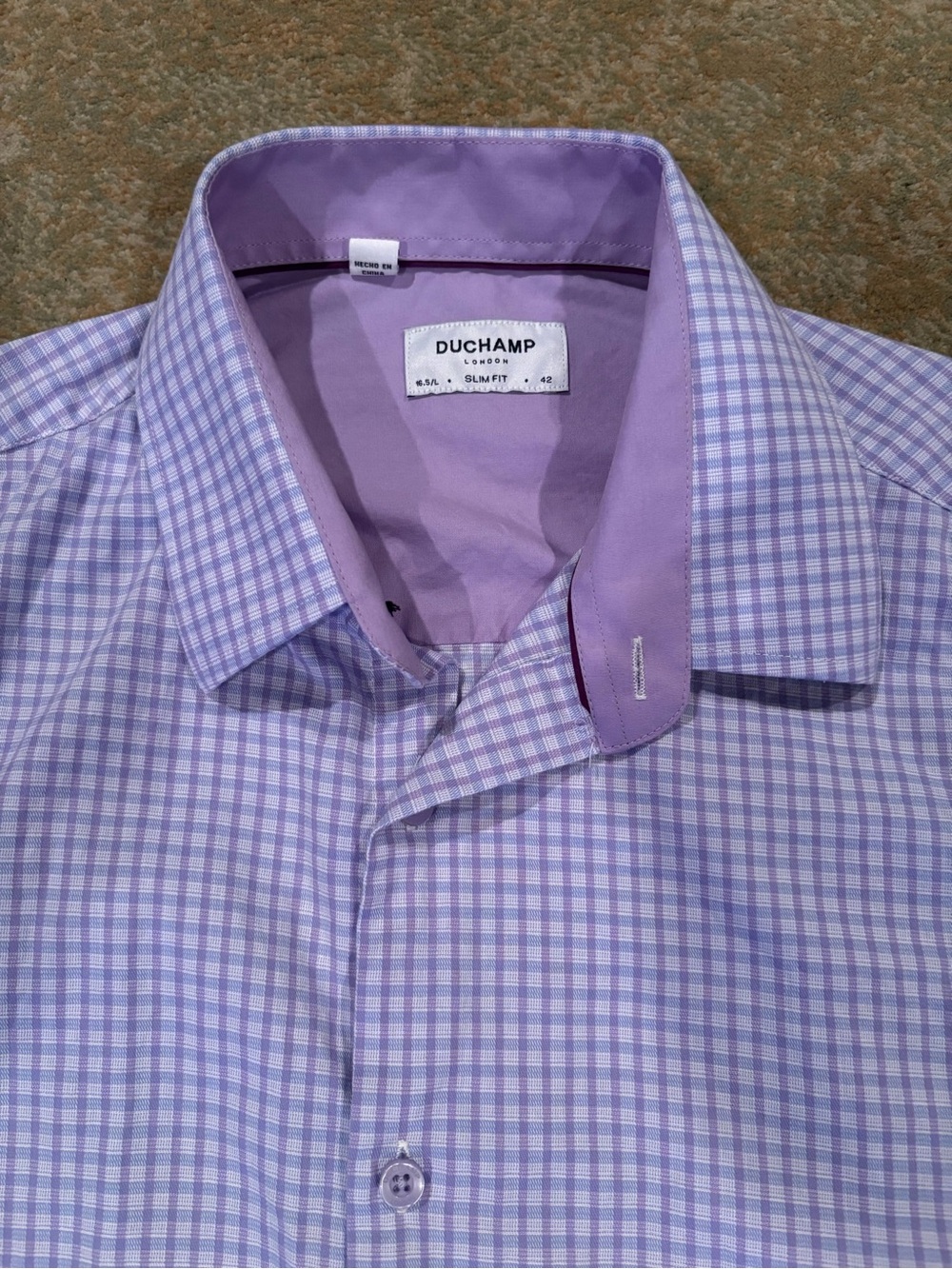 Duchamp London Slim Fit Dress Shirt 16.5 42 Purple Check Button Front Mens